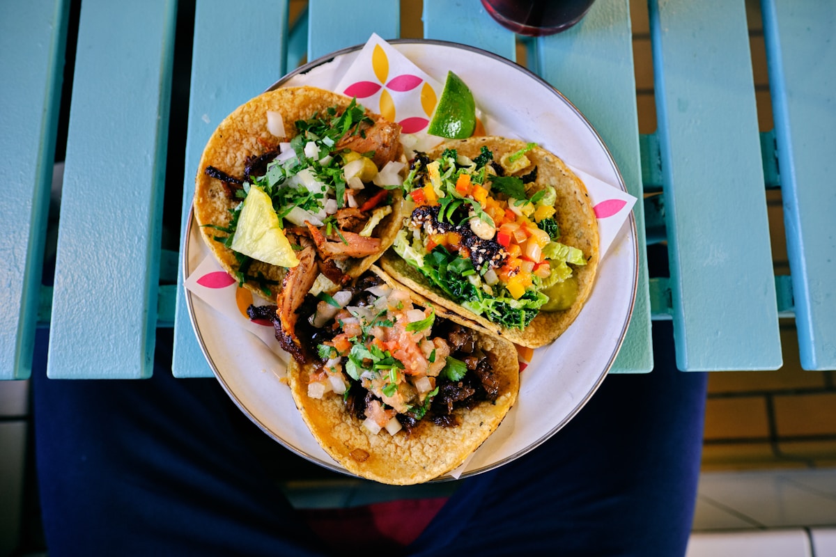 Illustrative stock photograph of a plate of tacos, not the venue’s Carne Asada Tacos